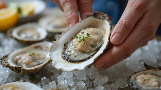 Close-up RAW Style of Raw oyster shucking technique, fresh seafood skill