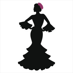 Elegant Vector Silhouette of a Flamenco Dancer/A striking silhouette of a woman in traditional flamenco dress.