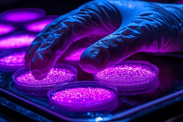 Gloved hand arranging glowing petri dishes