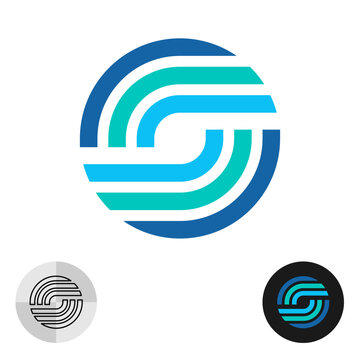 Abstract tech round logo consist of wide colorful parallel lines. Construction or medical theme symbol. Water waves or eye optical design elements. Letter O or S company logo.