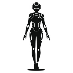 Futuristic robot woman vector silhouette ( Futuristic sci-fi dress) against a plain background/A bold, stylized silhouette of a female robot in a futuristic power suit.