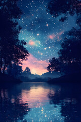 Obraz premium Celestial Symphony: Exploring the Tranquil Beauty of Twinkling Stars and Whispering Woods