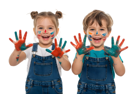 Two joyful children in overalls, faces and hands smeared with colorful paint, enthusiastically showing their hands in a fun and creative moment. isolated on white or transparent background. PNG
