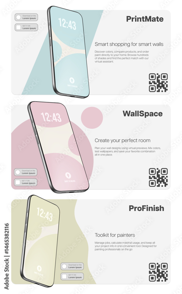 Wall mural modern app presentation template with three customizable smartphone mockups, editable screens, app d