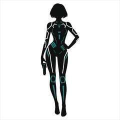 Stylish Futuristic Female Vector Silhouette (Futuristic sci-fi dress)in Tech Armor//A bold, eye-catching silhouette of a female figure in a futuristic, high-tech suit.