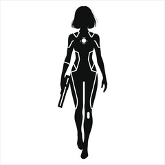 Vector Silhouette of Powerful female cyborg ( Futuristic sci-fi dress),silhouette holding a gun./A striking, black and white silhouette of a female cyborg figure in a futuristic, armored suit.