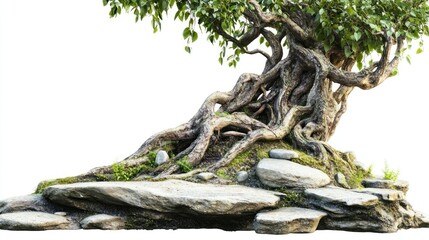 Detailed bonsai tree with gnarled roots on a rocky base