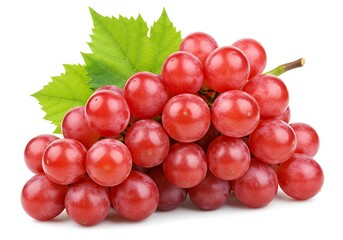 Fototapeta premium A bunch of red grapes with green leaves attached to the stem on a white background close up view