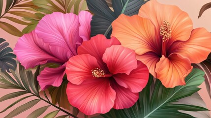Obraz premium Exotic tropical flowers in vibrant bloom on a delicate pink background