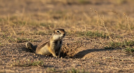 Fototapeta premium A charming ground squirrel peeks out of its burrow, surrounded by dry grasses and natural beauty.
