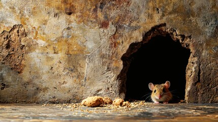 Mouse peeking out of a hole in the wall with crumbs scattered nearby
