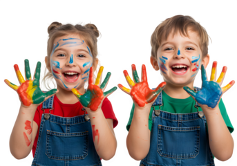 Two joyful children in overalls, faces and hands smeared with colorful paint, enthusiastically showing their hands in a fun and creative moment. isolated on white or transparent background. PNG