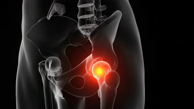 Human hip joint anatomy illustration with highlighted red area