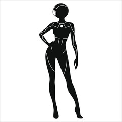  Stylish Futuristic Female Robot  (Futuristic sci-fi dress ) Vector Silhouette/A striking silhouette of a female robot, depicted in a confident pose.