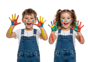 Two joyful children in overalls, faces and hands smeared with colorful paint, enthusiastically showing their hands in a fun and creative moment. isolated on white or transparent background. PNG