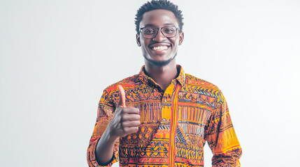 Obraz premium Smiling African man giving thumbs up, positive and friendly gesture on white background