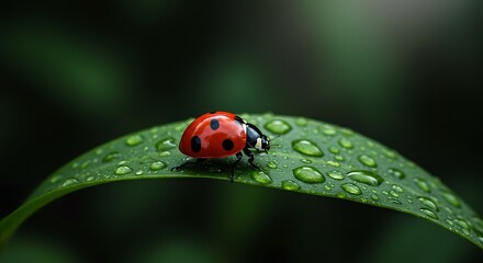 Fototapeta premium A striking ladybug with red and black spots sits on a vibrant green leaf with water droplets.