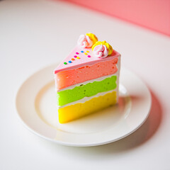 Slice of Cake on White Plate — Conceptual Image of Artificial Food and Neon Aesthetics	