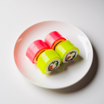 Plastic Sushi on White Plate &mdash; Conceptual Image of Artificial Food and Neon Aesthetics	