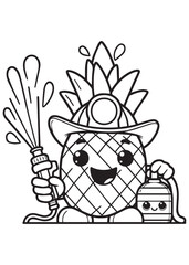 coloring book firefighter pineapple in action with a water hose and helmet