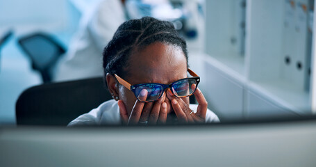 Tired, programmer and glasses with woman and computer for algorithm glitch, code error or eye strain. Cyber security breach, burnout and vision fatigue with person and reflection for developer stress