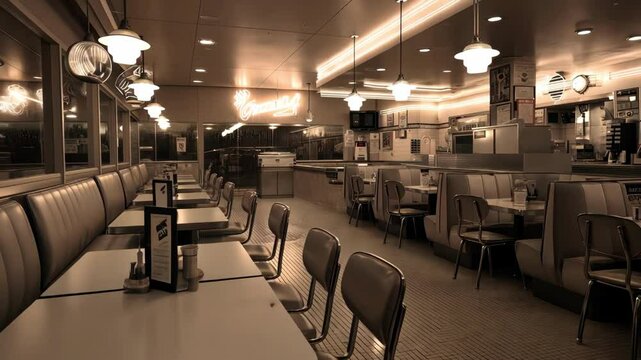 Retro diner interior with booths, tables, lights.