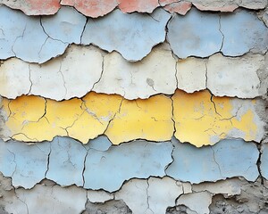Obraz premium Aged wall with peeling multicolored paint and deep cracks.