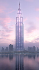 Fototapeta premium Tall skyscraper reflected in calm water at dusk