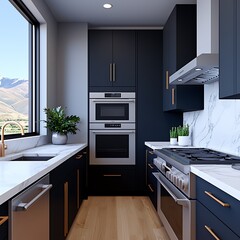 Fototapeta premium Modern Kitchen Design with Stainless Steel Appliances, Marble Countertops, Dark Cabinets, and a Scenic View, Inspiring Culinary Creativity.