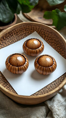 Fototapeta premium Three decorative wooden buttons on a white surface inside a wooden bowl