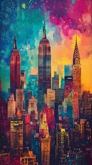 Vibrant cityscape of New York, stylized in a watercolor effect with a spectrum of colors