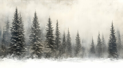 Winter forest scene, misty and snow-covered