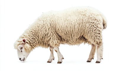 Fototapeta premium Profile view of a fluffy sheep grazing, white background