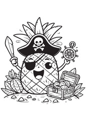 Coloring book pirate pineapple with a sword, ship wheel, and treasure chest.