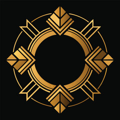 Fototapeta premium intricate golden art deco frame, symmetrical design, bold angular patterns, metallic textured elements, luxurious elegant sophisticated style, black background 
