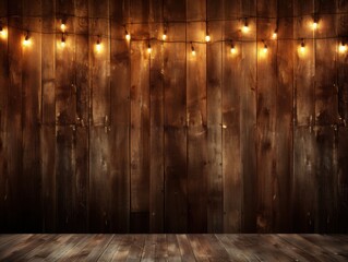 Rustic wood wall with string lights for background use