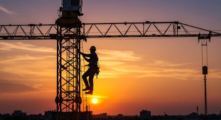 A construction worker climbs a crane ladder with the vibrant sunset glow in the background.