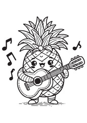 Coloring book  pineapple playing a guitar with musical notes.