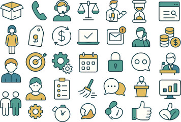 Business and Teamwork Icon Set – Flat Line Style for Office, Communication, Leadership & Management