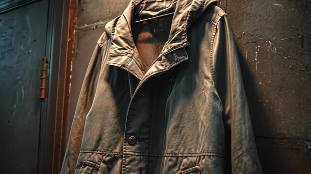 Vintage coat on hook with an aged gritty wall