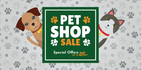 Pet Shop Sale AD - Illustrations of Brown Dog and Street Cat Behind the White Orange and Green Logo. Special Offers up to 20% off, Footprints Background.