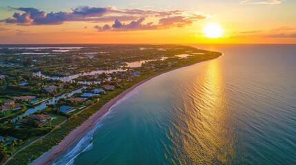 Scenic aerial view of Fort Pierce, Florida, with the coastline at sunset