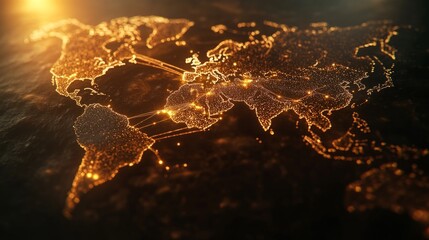 Business Globalization Visualization: Glowing Lines on Dark World Map Silhouette