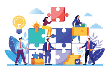 Business Teamwork Concept. Vector illustration in flat style of puzzle pieces with different people in business suits in each, performing various work tasks. Isolated on background.