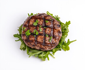 A perfectly grilled burger patty, with savory grill marks and a juicy interior, is artfully arranged on a bed of fresh arugula.