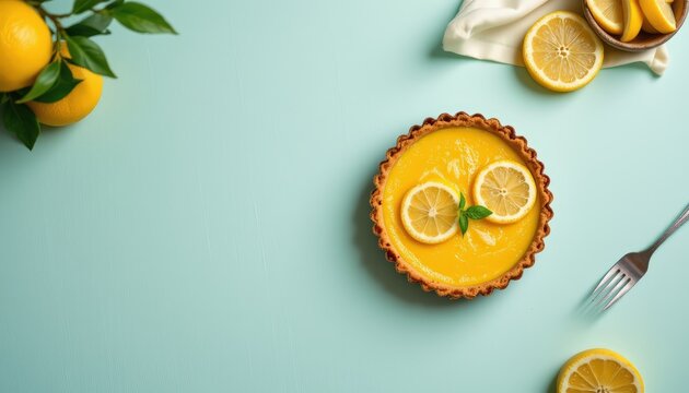 a vibrant and appetizing slice of lemon tart garnished with lemon wedges and topped with a sprig of mint. the dessert is placed centrally on a blue surface with a wooden spoon resting nearby