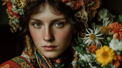 Enchanting fantasy portrait of a woman with floral crown and sparkles, glowing soft light, fairy tale style with ethereal mood and gentle beauty expression