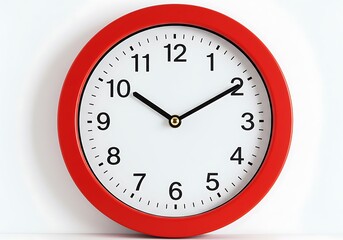 A close up of a round clock with a red frame against a white background showing ten minutes past two