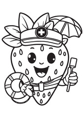 Coloring book strawberry with a lifebuoy and whistle. A cute and heroic summer scene