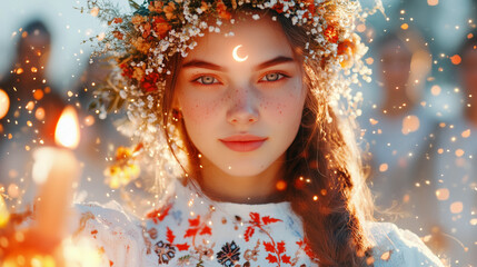 Mystical fantasy portrait of a beautiful young woman in a flower crown, surrounded by sparkles and glowing particles, in a magical dreamlike atmosphere of folklore and enchantment